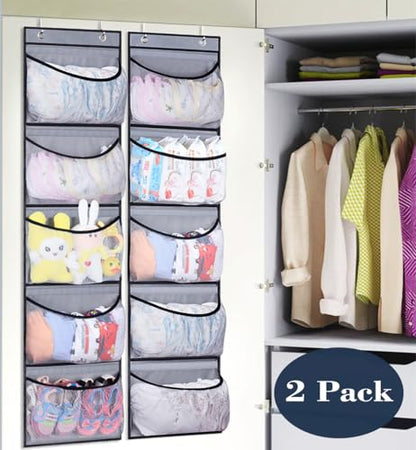 Hanging Shelves Over the Door Organizer Storage for Closet with 5 Pockets Organizer for Bedroom Bathroom, 2 Pack（Grey）