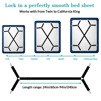 4 Pack Bed Sheet Straps Adjustable Criss - Cross Sheet Holders for Corners Heavy Duty Bed Sheet Clips Fasteners Keep Sheets in Place on Mattress Black