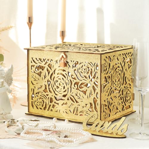 Glittery Gold Wedding Card Box with Lock, Wooden Gift Card Box for Wedding Reception, Elegant Wedding Money Envelope Card Box Holder for Party Graduation Birthday Baby Shower Decorations