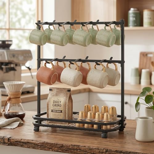 Coffee Mug Holder for Countertop, 14 Hooks Metal Coffee Cup Holder Rack | Mug Tree Stand with Storage Base for K Cup Coffee Pod Paper Cups Tea Bag, 2 Tier, Black