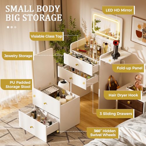 COMHOMA Makeup Vanity Desk with Mirror and Lights, Small 3 in 1 Vanity Table with Visible Glass Top, Flip Top & 3 Drawers, Compact Dressing with Storage Stool for Room or Office