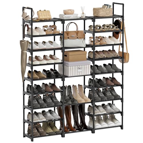 WOWLIVE 9 Tier 3-Column Shoe Rack, 50-55 Pairs Stackable Black | 50in Long for Larger Entryways, Removable Shelves Fit Tall Boots, Split into Multiple Units for Garage Closet