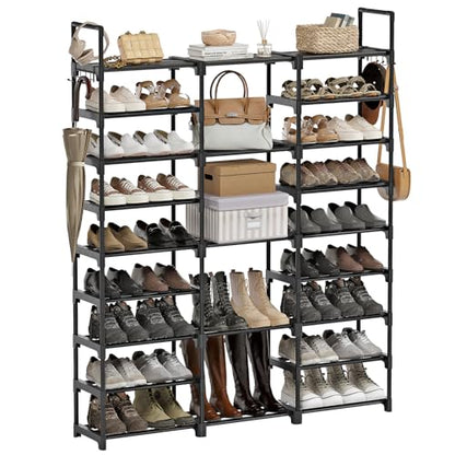 WOWLIVE 9 Tier 3-Column Shoe Rack, 50-55 Pairs Stackable Black | 50in Long for Larger Entryways, Removable Shelves Fit Tall Boots, Split into Multiple Units for Garage Closet