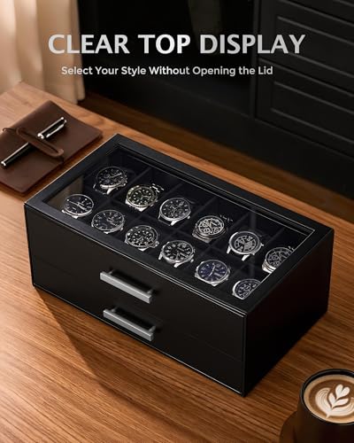 ProCase 12-Slot Watch Case for Men, 2-Tier Pull-Out Drawers Box -Black | Fathers Day Gift for Dad Men with Display Clear Top Lid, Jewelry Sunglasses Storage Organizer, Anniversary Birthday Gifts