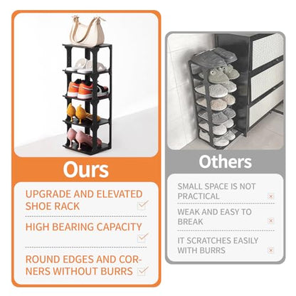 5 Tiers Vertical Shoe Rack, Narrow Free Standing Shoe Storage Organizer for Entryway and Small Closet, Stackable Shoe Holder Shelf Stability DIY, Black