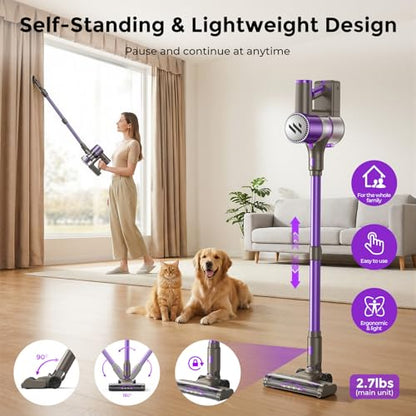 WLOTPO Vacuum Cleaners for Home,Cordless Vacuum Cleaner,Lightweight Stick Vacuum Cordless Rechargeable,Self-Standing Design,LED Touch Screen,Vacuum for Hardwood Floors,Carpet,Pet Hair(Blue Purple)