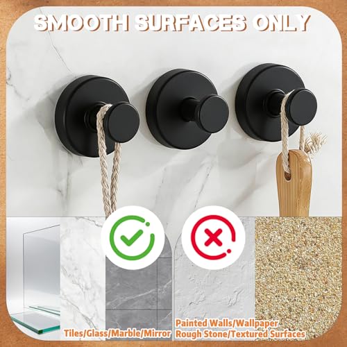 2026 Upgraded Drill-Free Suction Cup Hooks, Stainless Steel Shower Hooks for Bathroom, Glass, Mirror & Wall, Heavy Duty Towel Holder, Removable Waterproof Hooks(2BLACK)