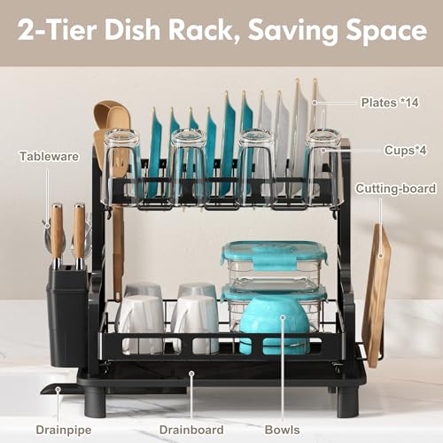 2 Tier Dish Drying Racks for Kitchen Counter with... (Black | Stainless Steel)