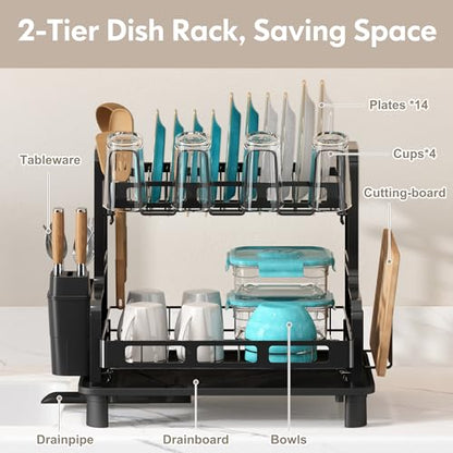 2 Tier Dish Drying Racks for Kitchen Counter with... (Black | Stainless Steel)