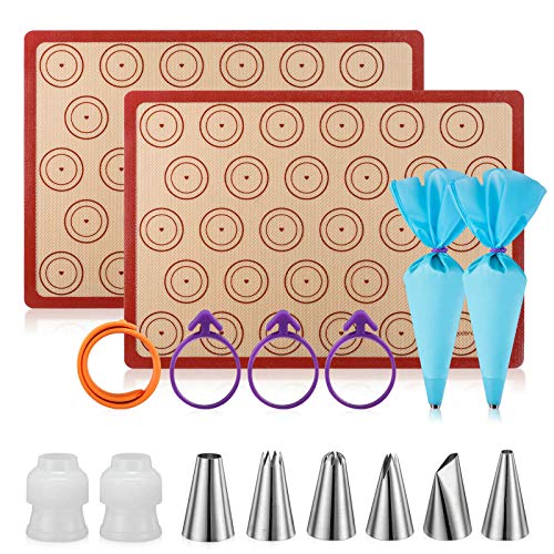 Angadona Macaron Silicone Baking Mats Kit (16pcs set) Macaroon Baking Mat Set of 2 Half Sheet Macaron Silicone Mat Nonstick Macaron Mat Sheet,6 Piping Tip,2 Piping Bag with 3 Bag Tie,2 coupler