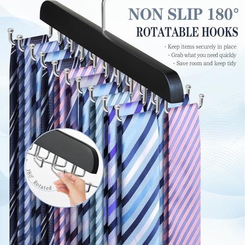 2PC Tie Rack Organizer, Tie Hanger for Closet with 20 Foldable Hooks, Black | Non Slip Neck Tie Organizer, Large Capacity, Space Saving, 360° Rotating Hook, Fits for Tank Tops Bras Cami Scarves