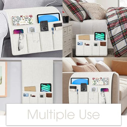 Joywell Remote Holder for Recliner Armchair Caddy Couch Armrest Remote Control Holder Non Slip Sofa Arm Chair Caddie with 6 Pocket for Magazine, Tablet, Phone, iPad, Think Linen, Natural