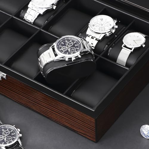 BEWISHOME Watch Case, 12-Slot Watch Box Organizer with Large Glass Lid | Watch Cases for Men, Wooden Watch Boxes, Removable Watch Pillows, Watch Storage, Synthetic Leather Interior, Brown SSH12Y
