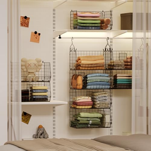 4 Tier Hanging Closet Organizer with Dividers,Extra Large Storage Hanging Shelf with 5 S Hooks 4 Dividers,Hang on Wire Closet Shelving Clothes Organizer-Black