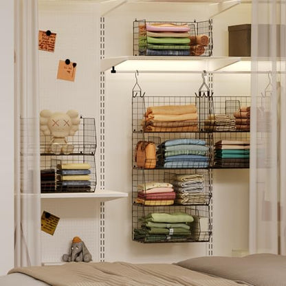 4 Tier Hanging Closet Organizer with Dividers,Extra Large Storage Hanging Shelf with 5 S Hooks 4 Dividers,Hang on Wire Closet Shelving Clothes Organizer-Black