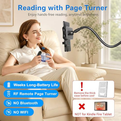 Gooseneck Tablet Holder for Kindle Reading in Bed with Page Turner Remote, Hands Free Desk Bedside Lazy Arm Stand for Kindle Accessories, Gifts for Readers