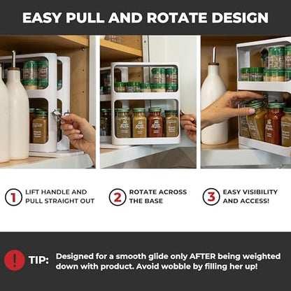 Spice Rack Organizer for Cabinet - Slide & Rotate Kitchen Organizers and Storage - 2 Double-Decker Shelves - Non-Skid Base - Magnetic Modular Design - 10.8" H x 5.25" W x 10.8" D