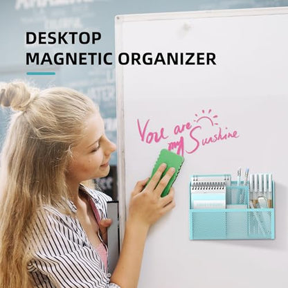 DALTACK 3-Grid Magnetic Pencil Holder, Strong Magnet Locker Organizer, Blue | Mesh Magnetic Shelf, Marker Holder Perfect for Whiteboard, Refrigerator and Locker Accessories