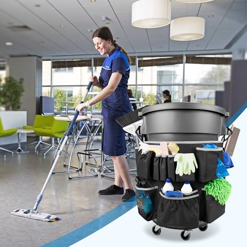 HODRANT Trash Can Caddy Bag with 13 Pockets Fit 32-55 Gallon Garbage Bin | Cleaning Caddy Bag with Adjustable Buckle for Industrial Trash Can, Cleaning Tool Organizer for Clean Supplies, Gray Edge