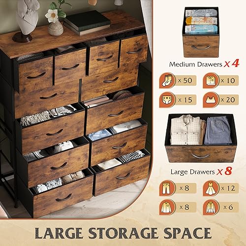 WLIVE 12 Drawer Tall Fabric Dresser Bedroom Storage Chest, Rustic Brown | 12-drawer tall fabric dresser with wood top and steel frame, P2 grade board, ideal for bedroom closet living room storage