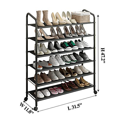 Tall 6-Tier Metal Shoe Rack,Non-Woven Fabric Shoe Shelf,Large Storage Racks with Locking Wheels,Rolling Shoe Storage Organizer Shoe Stand Holders,for Garage Closet Dorm,Black
