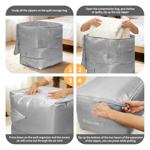 2 Pack Upgrade Comforter Storage Bag with Handle, Space Saving 3-Layer Adjustable In 3 Sizes (142L, 107L, 71L), Compression Blanket Storage Bags, Washable Bedding Organizer For Pillow Duvet Clothing