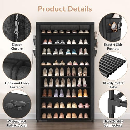 Shoe Rack with Covers - 10 Tiers Tall Shoe Rack Organizer Large Capacity Shoe Shelf Storage 40 Pairs Space Saving Vertical Shoe Storage Organizer for Closet, Entryway, Dorm, Bedroom