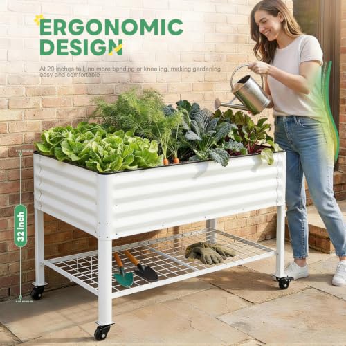 Elevated Raised Garden Bed Outdoor with Shelf, Wheels, 2' X 4', White | Galvanized Metal Planter Box, Drainage Holes, Leg, Gloves, Tools, Rubber Strips, for Backyard, Patio,Flowers, Herbs, Balcony