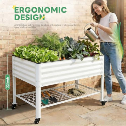 Elevated Raised Garden Bed Outdoor with Shelf, Wheels, 2' X 4', White | Galvanized Metal Planter Box, Drainage Holes, Leg, Gloves, Tools, Rubber Strips, for Backyard, Patio,Flowers, Herbs, Balcony