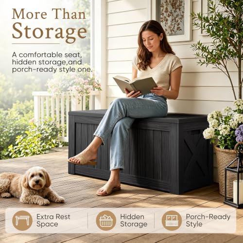 Devoko 120 Gallon Deck Box Resin Outdoor Storage Box Waterproof | Large Outdoor Storage Bench Lockable for Outside Patio