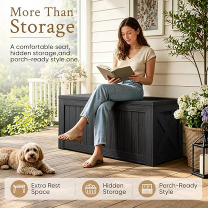 Devoko 120 Gallon Deck Box Resin Outdoor Storage Box Waterproof | Large Outdoor Storage Bench Lockable for Outside Patio