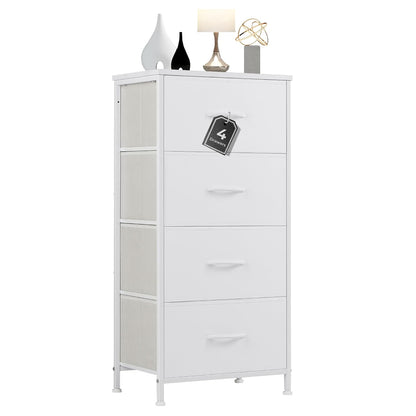 4 Drawer Dresser for Bedroom, Anti-Tip Tall Fabric Dresser | Storage Cabinet with Wood Top Steel Frame, Chest of Drawers Organizer for Closet, Office, Entryway, White