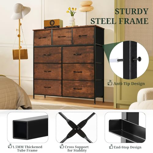 9-Drawer Dresser for Bedroom, Anti-Tip Tall Storage Organizer | Chest of Drawers with Wooden Top and Metal Frame Fabric Bins for Closet, Living Room, Hallway, Entryway, Brown