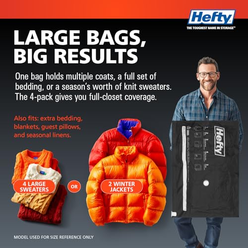 Hefty MAX Shrink-Pak Vacuum Seal Storage Bags for Clothing, Travel, Bedding | Tear & Water Resistant, Dual-Valve Space Saver Compression Bags - Large, 4-Pack