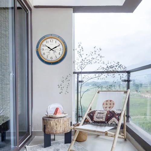 16 Inch Waterproof Outdoor Wall Clock, Thermometer Hygrometer | Silent non-ticking movement, battery powered, blue easy-read dial for patio, porch, garden, kitchen, and home decor