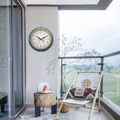 16 Inch Waterproof Outdoor Wall Clock, Thermometer Hygrometer | Silent non-ticking movement, battery powered, blue easy-read dial for patio, porch, garden, kitchen, and home decor