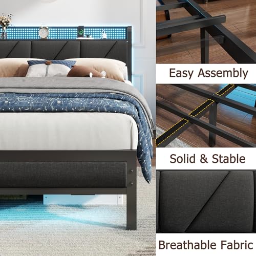 Queen Bed Frame with Storage Shelf and Upholstered Headboard