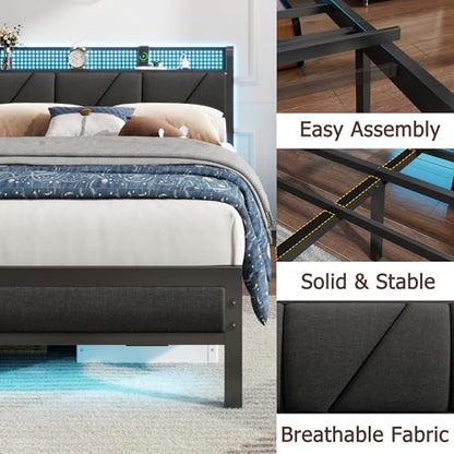 Queen Bed Frame with Storage Shelf and Upholstered Headboard