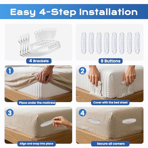 Bed Sheet Holders for Corners: No More Loose Sheets | Straps Heavy Duty Double-Sided Anti-Slip & Sheet Clips for Easy Installation Fits All Mattress Sizes (4PCS)
