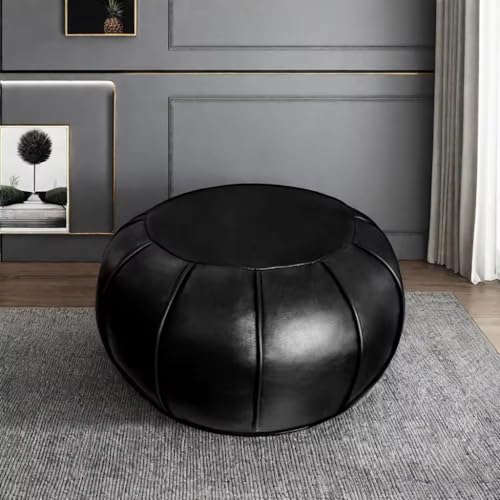 Louis Donné Round Unstuffed Faux Leather Pouf Ottoman Cover, Portable Indoor Outdoor Foot Rest Cover with Invisible Zipper, Sturdy Footstool Cushion Case for Home Patio Balcony Daily Use, Cover Only