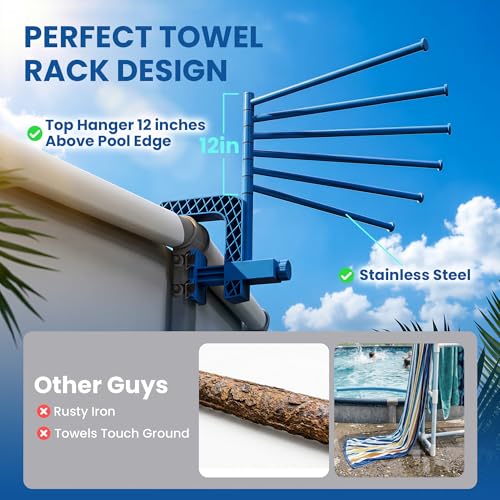 Poolside Pool Towel Rack Outdoor for Above Ground Round Pools, Stainless Steel Swivel Pool Towel Holder 6 Bars Towel Dying Rack Towel Stand for Above Ground Pool Accessories [Patent Pending]