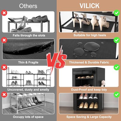 Shoe Rack with Cover Narrow Shoe Organizer with 4 Side Pockets 10 Tier Tall Shoe Storage Holds 18-22 Pairs Shoes and Boots Shoe Rack for Closet Entryway Garage