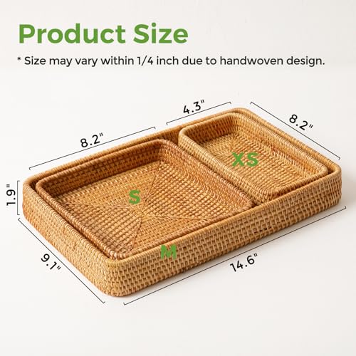 Rattan Serving Tray,Rectangle Wicker Storage Basket Set of 3 for Organizing | Natural Rattan, Decorative Serving Woven Trays Wicker Baskets for Storage, Home Decor, Bathroom, Kitchen Counter