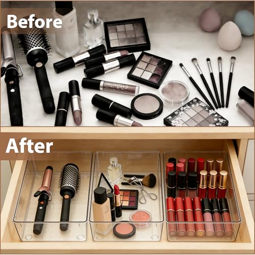 7Pack 6"*9" Clear Drawer Organizers for Makeup, Vanity, Office | Acrylic Organizer Trays for Bathroom, Nightstand, Junk for Kitchen Drawer, Versatile Plastic Drawer Divider Storage Bins