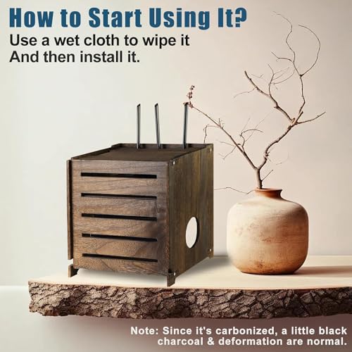 Wooden WiFi Router Storage Box Charcoal Retro Wood Router Hider Box Modem Store Boxes, Double-Layers WiFi Hiding Boxes Internet Hiders No Signal Blocking Router Cabinet Wood