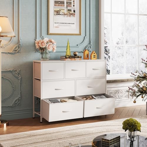 WLIVE Dresser for Bedroom, 7 Drawers, TV Stand, White | 7 roomy fabric drawers, Fits TVs up to 45 inch, Bedroom or living room, Wide storage design, Chest of drawers
