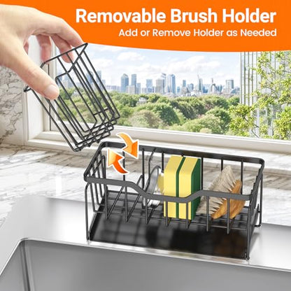 Sponge Holder for Kitchen Sink, Stainless Sink Caddy Organizer | Rustproof Kitchen Sink Organizers with High Brush Holder & Self Drain Tray, Anti-Slip Kitchen Countertop Storage Essentials