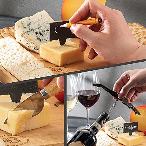 Charcuterie Boards - Large Bamboo Cheese Board & Knives, Housewarming Gift | Hidden Slide Out Drawer Holds The Cutlery Set, Deep Edge Groove Keeps Crackers, Nuts And Olives In Place, Easy To Wipe Clean