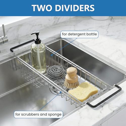 TreeLen Over The Kitchen Sink Caddy Sponge Holder Organizer Drying Rack Expandable for Sponge Brush Soap 13.8" to 20.8", Stainless Steel