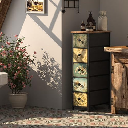 Narrow Storage Dresser Slim Dresser with Retro Flowers Fabric Drawers Vertical Skinny Cabinet for Small Spaces,Bathroom,Bedroom Closet Nightstand,Entryway Organizer (Retro Flower, 5 Drawers)